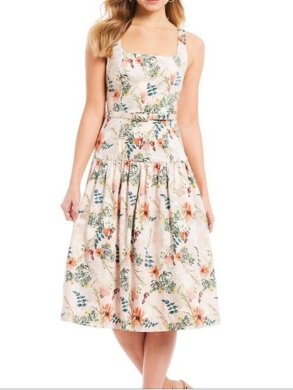 Antonio Melani Floral Midi Dress Pink Botanical Print Belted Sleeveless Size 4